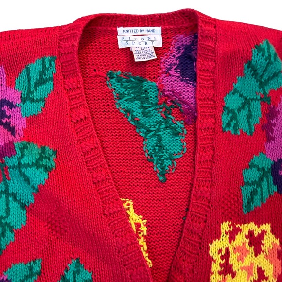 1990s Red Floral Hand Knit Oversized Long Cardigan Sweater / Women’s Medium * - Picture 2 of 4